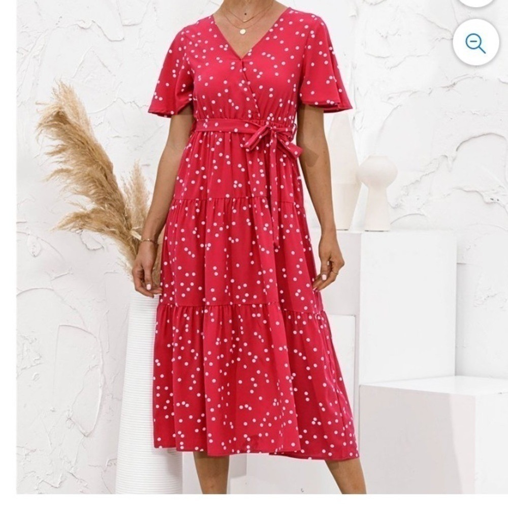 SHEIN Red Polka Dot Tiered Wrap Midi Dress Short Flutter Sleeve Small